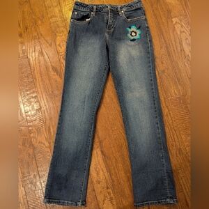 Y2K Santana Embroidered Flower Straight Leg Blue Jeans Size 28